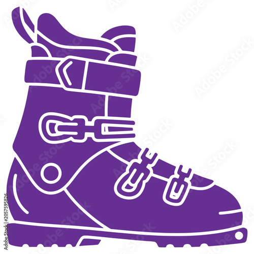 Purple ski boot with buckles and laces for snow sports and winter activities on isolated background