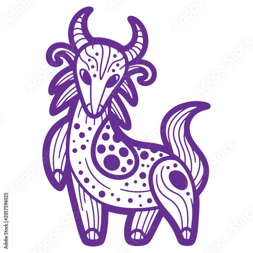 Stylized purple goat with horns and decorative patterns  mythical creature illustration isolated on transparent background