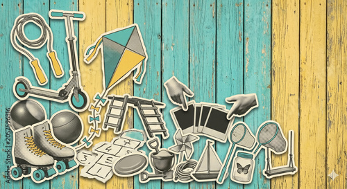 Vintage Editorial Collage of Children's Outdoor Playground Games, Active Summer Fun and Backyard Adventures for Banner with Copy Space