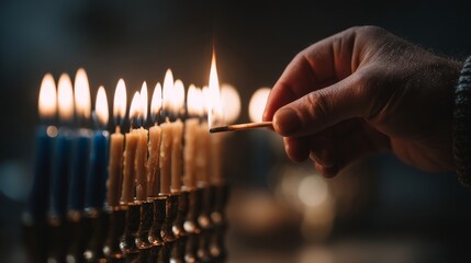 Hand Lighting Hanukkah Candles on Traditional Menorah