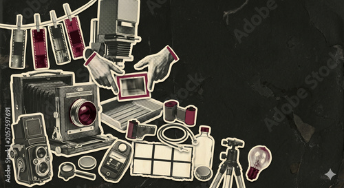 Vintage Editorial Collage of Analog Photography Darkroom Equipment and Film Developing Process for World Photography Day Banner with Copy Space