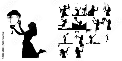 Tableau sur toile Woman Releasing a Paper Lantern Silhouette