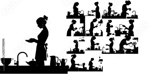 Canvas-taulu Woman Washing Dishes Silhouette