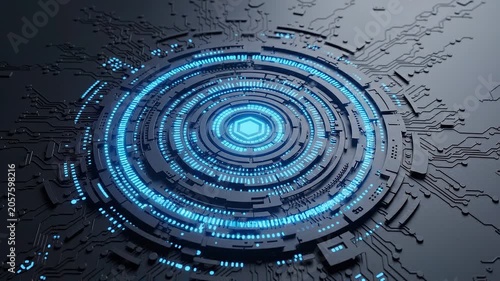 Abstract digital circuit design featuring concentric circular patterns with glowing blue elements, showcasing intricate details and technology in a dark background setting