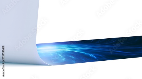 Graphic element: Vertical paper curl on left revealing dark blue glowing light streak surface on white background