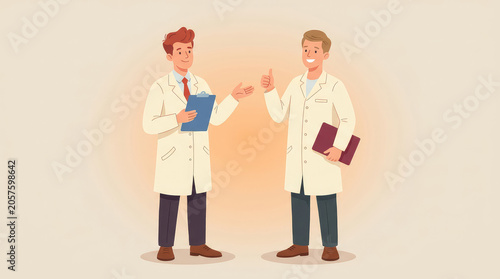 Two doctors discussing with clipboard and folder