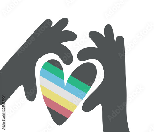 Disability Pride Month Concept with Supportive Hand Silhouettes Forming Heart Shape Around Stripe Disability Flag Isolated on White Background