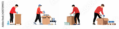 Set of flat vector illustrations of warehouse workers packing milk cartons into cardboard boxes for logistics, shipping, and distribution operations.