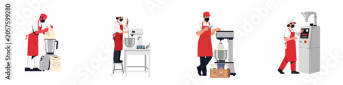 Set of industrial bakery workers in uniform and face masks operating professional food production machinery for commercial manufacturing and baking.