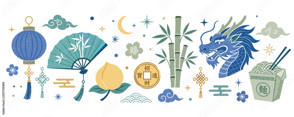 Obraz premium Chinese New Year symbols with dragon, lantern, fan, and food illustration