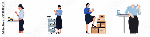 Set of professional women working in diverse roles such as laboratory analysis, cosmetics retail, warehouse logistics, and product quality management.