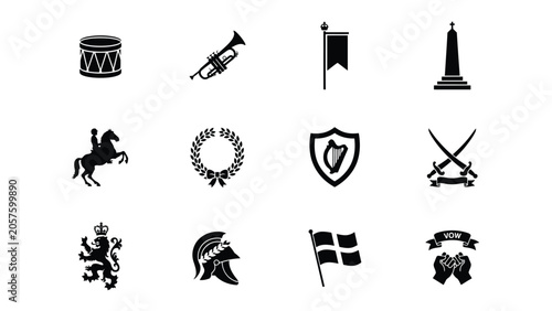 Slika na platnu Historic weapon and military monument icons with heraldic shields and crown symbols set