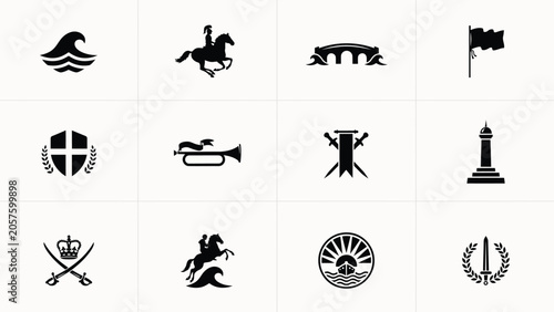 Fotografija Coastal military symbols with waves horse riders and sword icons for vintage graphic art