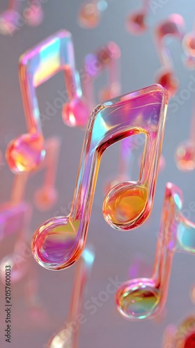 Colorful holographic music notes with prismatic reflections, smooth gradient backdrop