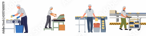 Obraz na płótnie Workers operating food production lines in a processing plant, featuring characters in hairnets and uniforms handling goods on conveyor belts