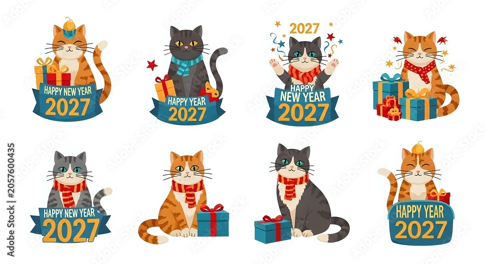 Naklejka premium Cartoon cats celebrating new year 2027 with gifts and festive decorations, isolated clipart elements ready for greeting cards, invitations, and holiday design projects.