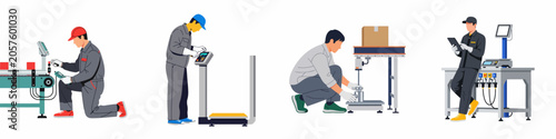 Slika na platnu Set of flat vector illustrations featuring industrial workers engaged in machine maintenance, logistics operations, weighing processes, and warehouse inventory management tasks