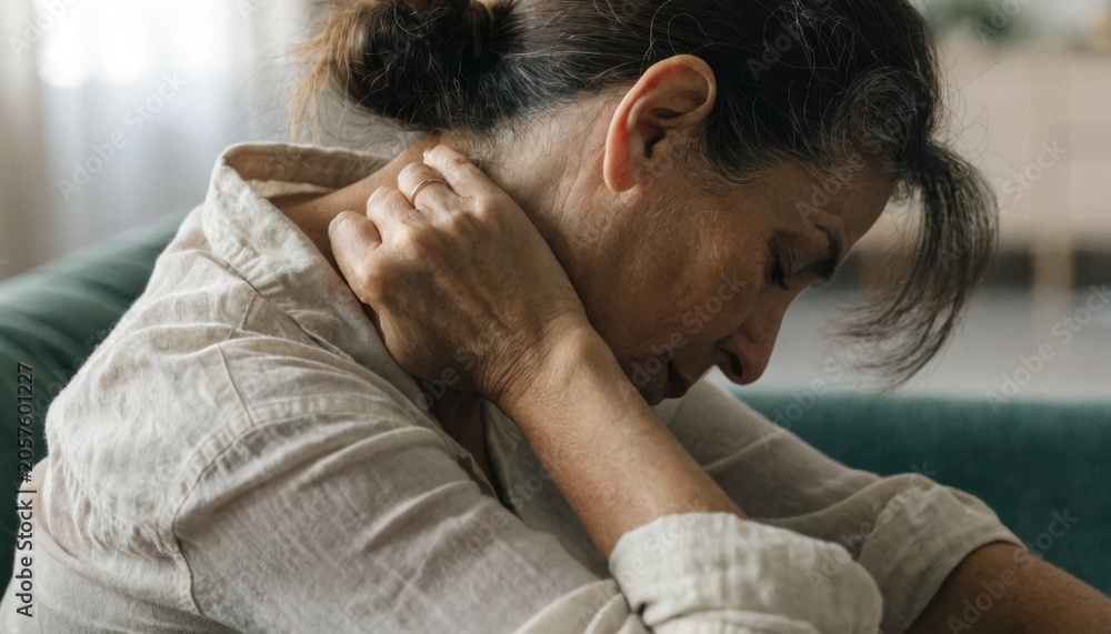 Fototapeta premium Elderly woman sitting with a pained expression, massaging her neck, suggesting discomfort or stress in a quiet indoor setting.