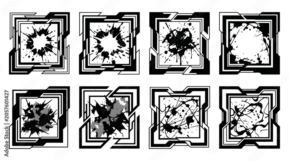 Fototapeta premium Ink splatter boxes arranged in a collection showcase artistic frames that integrate chaotic paint drips with sharp edges.