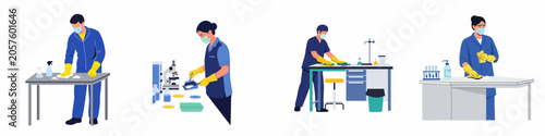 Obraz na plátne Set of diverse professional cleaners sanitizing and disinfecting laboratory workstations and equipment in a medical or scientific environment, flat vector illustration