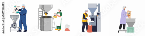 Industrial food production workers in protective gear processing MSG bags with factory machinery vector illustration set.