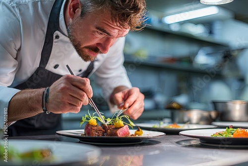 A skilled chef meticulously garnishes a gourmet dish in a professional kitchen, showcasing precision and culinary artistry.