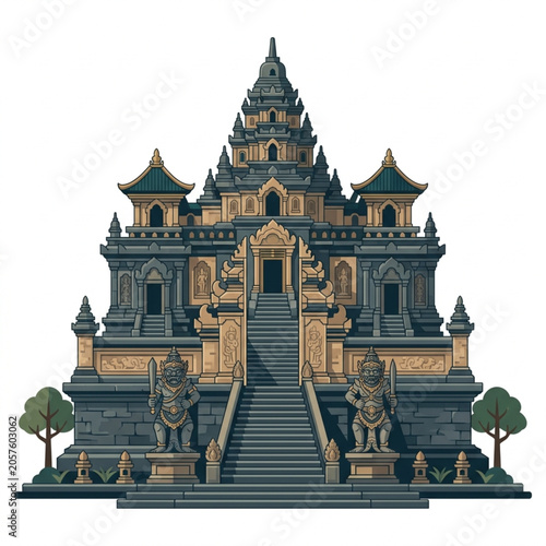 Canvas Print Pixel Art Ancient Temple With Stone Guardians And Stairs.