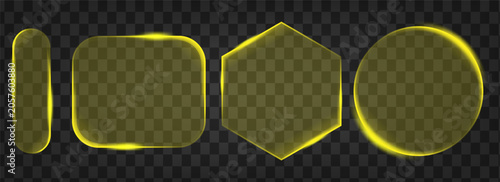 Glass frames with yellow neon glow transparent background various geometric shapes frame