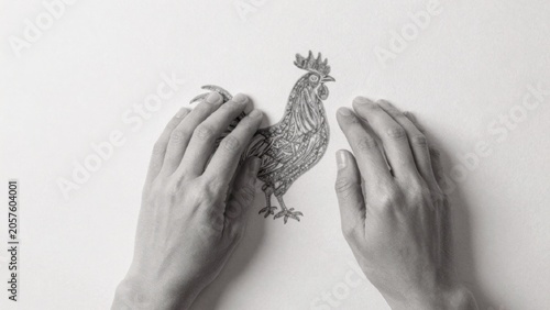 Hands touching drawing rooster drawn black white background plain detailed hands touching drawing rooster. roo