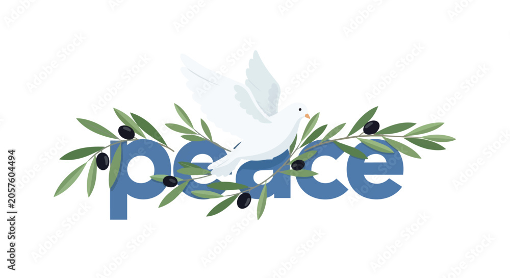 Obraz premium White Dove and Olive Branch with Peace Text Illustration