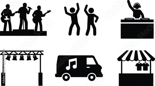 Group of musicians and dancers performing on stage with music van and food stall icons Vector
