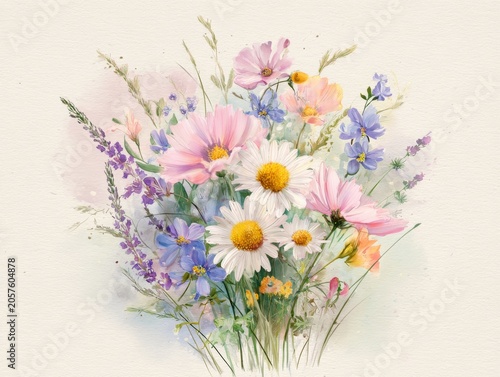 Watercolor Wildflower Bouquet With Daisies Cosmos And Lavender