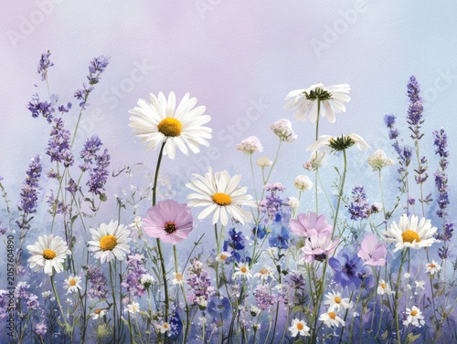 Watercolor Wildflower Meadow With Daisies Lavender And Pastel Blooms