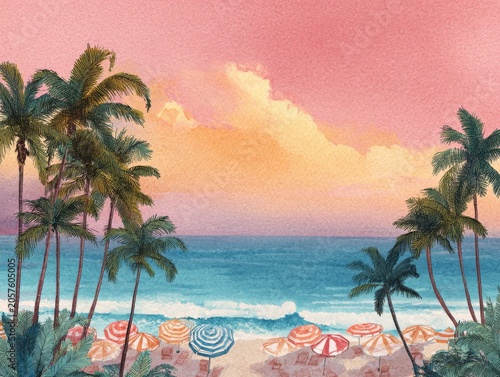 Watercolor Tropical Beach With Palm Trees And Sunset Sky