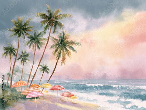 Dreamy Coastal Paradise Illustration With Ocean Waves And Umbrellas