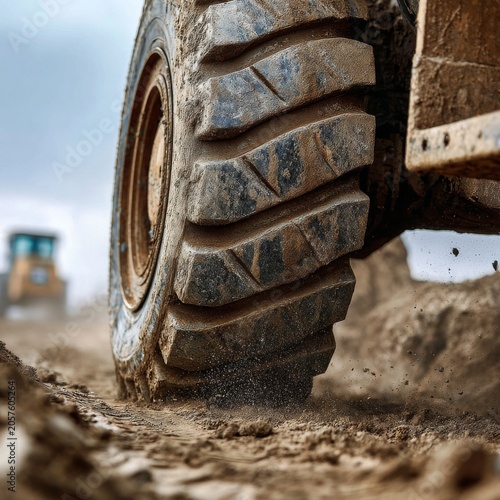 Heavy Equipment Tire Tread Digging Through Construction Soil