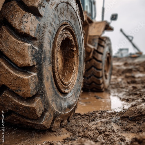 Heavy Machinery Wheel Navigating Wet Earth At Building Site Closeup