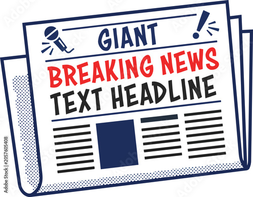 Newspaper icon with a giant breaking news text headline placeholder representing daily media broadcast journalism urgent press announcement and global information report