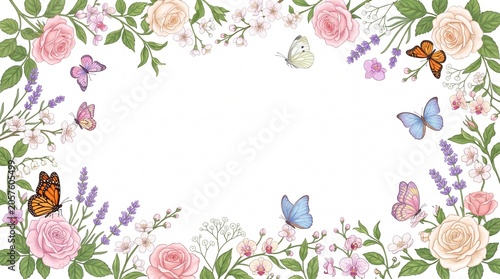 Beautiful floral border with butterflies isolated on white background for decoration and design