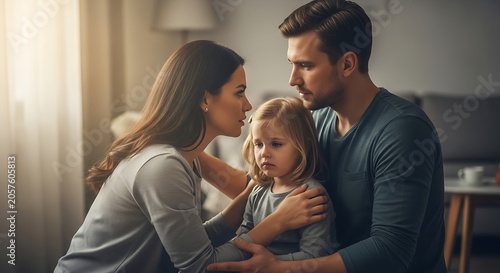 Happy family with baby at home having fun together.