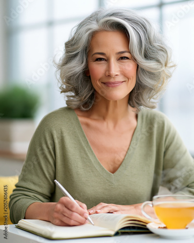 Mature woman writing in journal promoting women health and wellness with calm smile