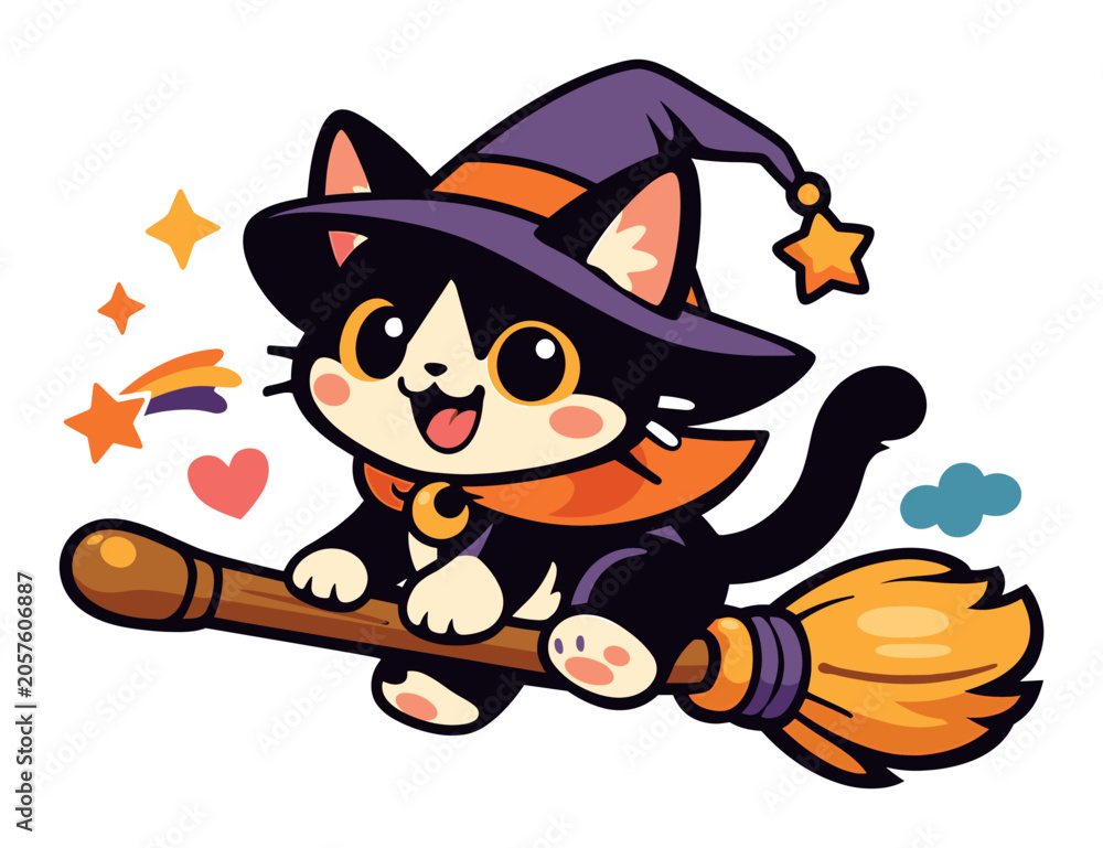 Naklejka premium Adorable stylized black cat kitten dressed as a witch, flying on a broom through the air with stars and a heart