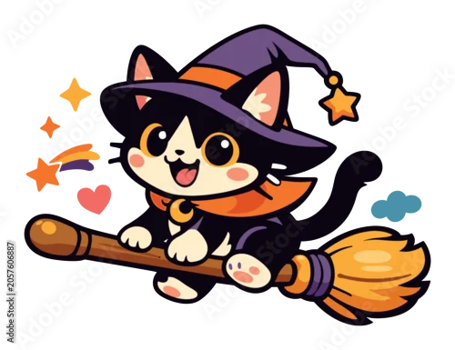 Obraz Adorable stylized black cat kitten dressed as a witch, flying on a broom through the air with stars and a heart