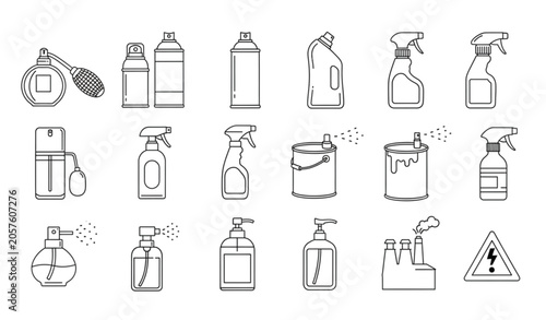 Fotografie Modern spray bottle and atomizer outline icon collection