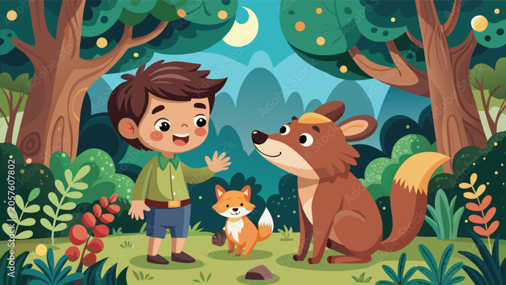 Fototapeta premium In a serene forest, a boy interacts with a curious fox, both surrounded by tall trees and natural greenery