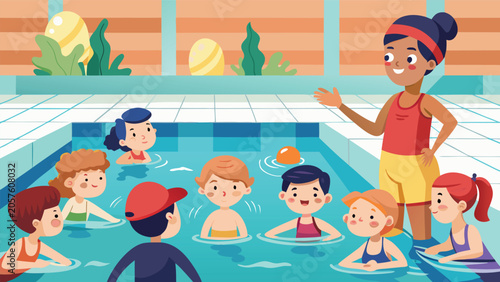 Children swim in a pool under the guidance of a teacher, engaging in a swimming lesson