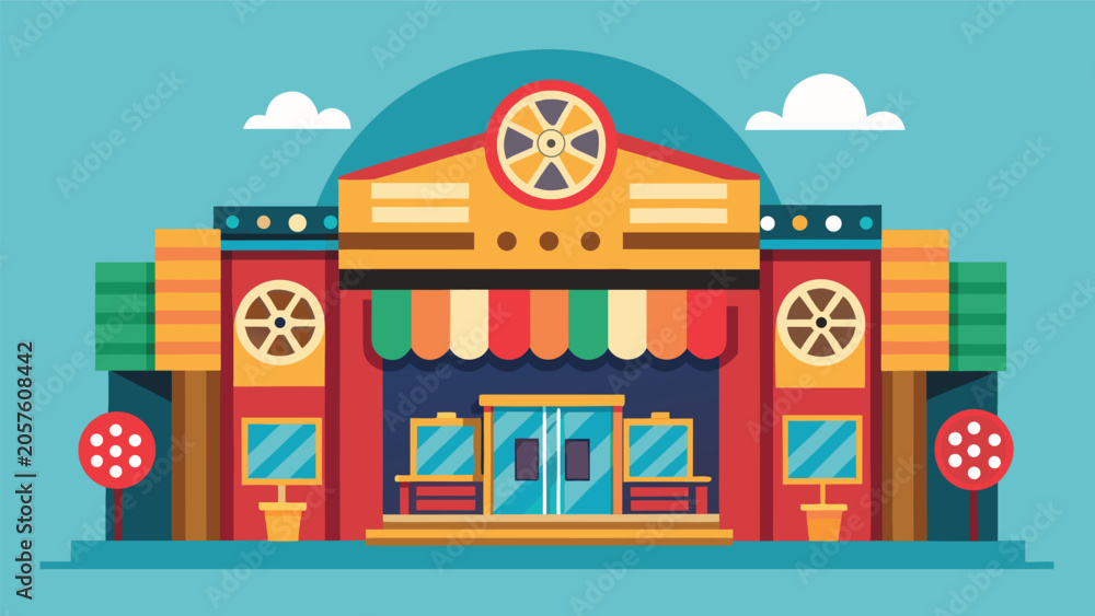 Obraz premium A colorful illustration depicting a movie theater with a prominent marquee and inviting entrance