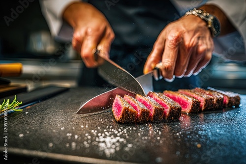 A skilled chef meticulously slices a perfectly seared steak, seasoned with coarse salt, on a dark cutting board, highlighting the succulent texture and vibrant pink interior of the meat.