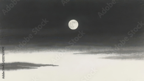 Ink wash depicts moonlit lake, full moon hangs over dark starry sky, mist covers shoals with blank space, serene zen oriental landscape painting material.
