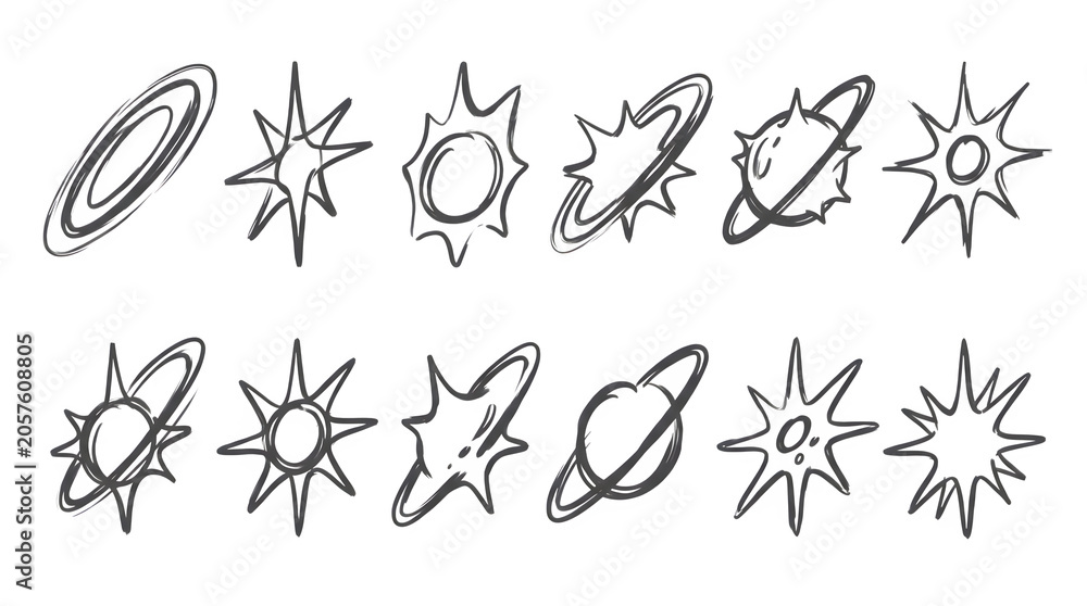 Fototapeta premium Hand drawn planets and stars in space isolated on transparent background